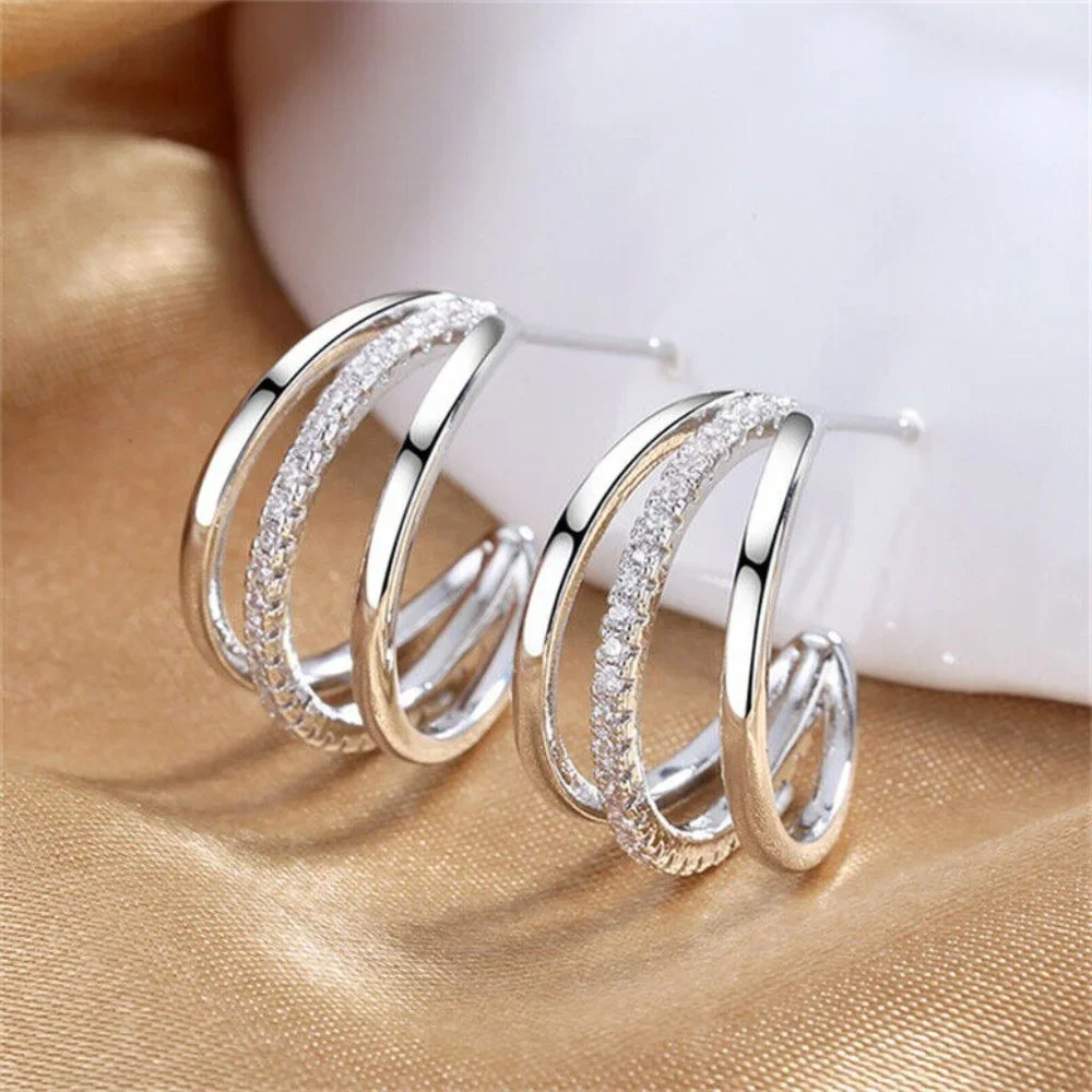NEW Sterling Silver White Sapphires Triple Half-Hoops